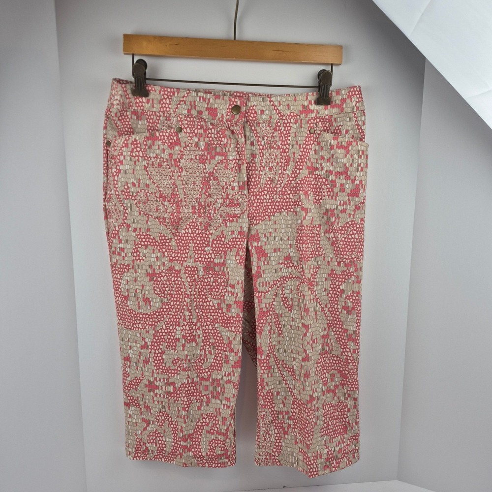Chico's Geometric Print Capri‎ Pants Women's Size 1 Petite Coral Beige Vacation